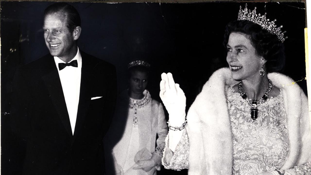 MAY, 1970: (L-R) Prince Philip the Duke of Edinburgh, Princess Anne and Queen Elizabeth II attend civic reception in Sydney during their tour of Australia. Picture Barrie Ward.