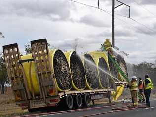 TRUCK FIRE: A truck travelling to the cotton gin caught fire on the Warrego Highway at around 12.50 on Monday. Picture: Jessica Bahr