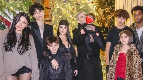 Mason Disick (second from right) pictured with Kourtney Kardashian and Travis Barker's blended family at Christmas. Picture: Instagram / @kourtneykardash