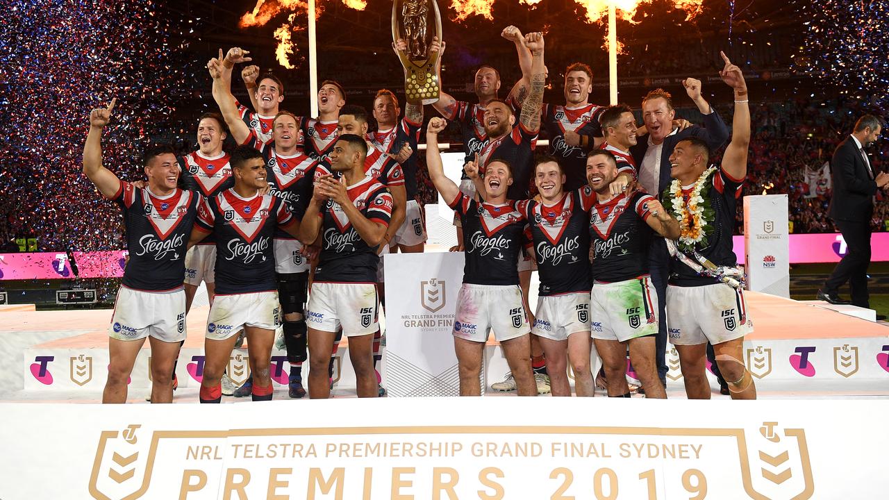 Roosters celebrate winning the 2019 premiership.