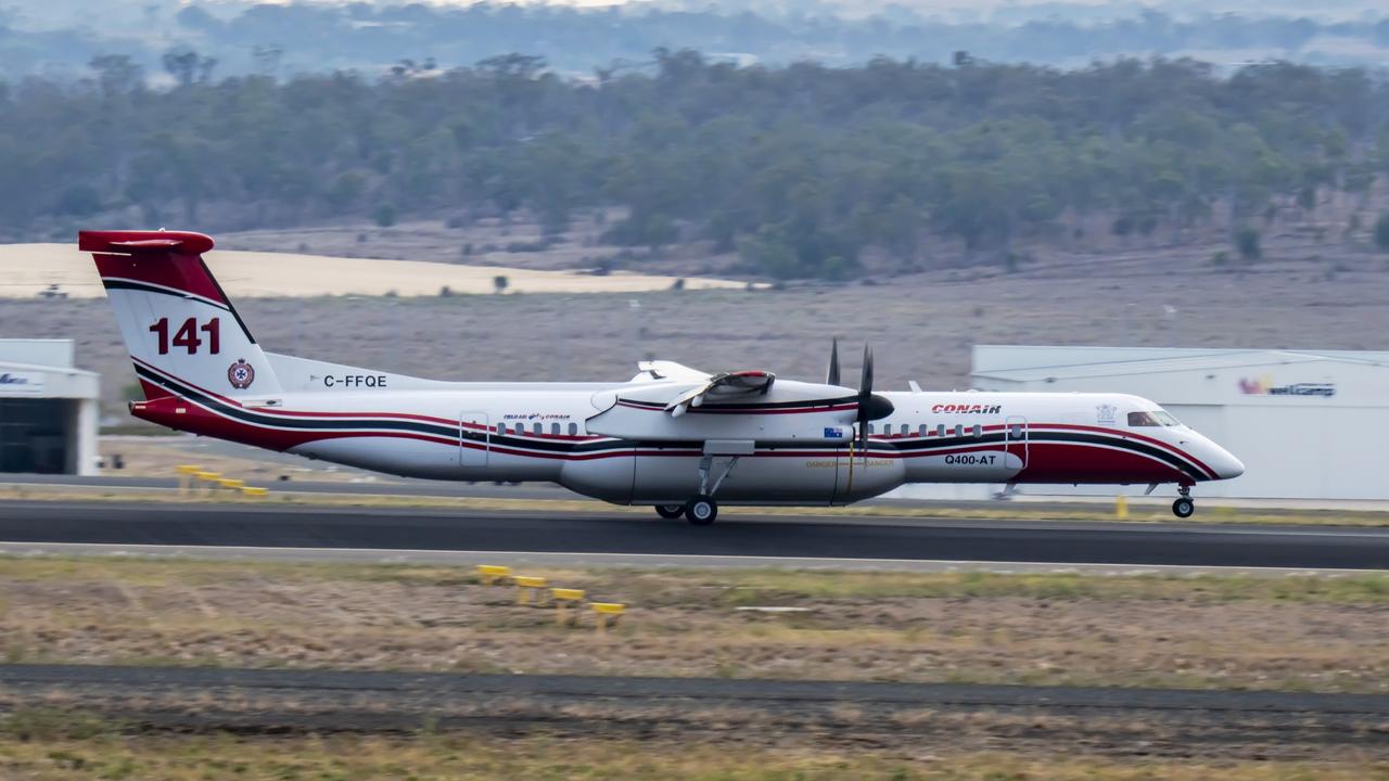 QFRS Conair Q400 Large Aerial Tanker will be based at Wellcamp Airport, west of Toowoomba, to help combat multiple large bushfires burning the Darling Downs and South West Queensland.