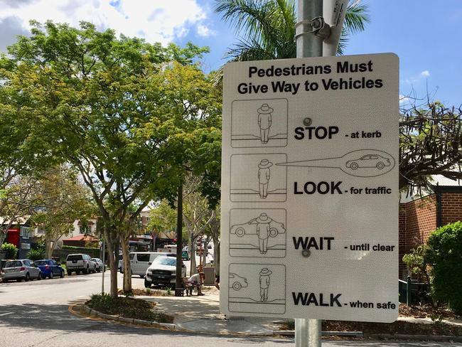 The sign telling pedestrians to give way to motorists on Welsby Street.