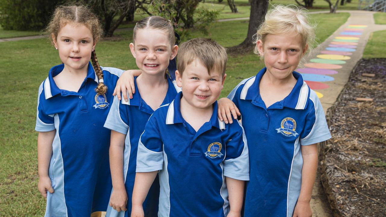 MY FIRST YEAR 2024: Emu Creek State School Prep students Lena, Madison, Noah and Marnie, Thursday, February 15, 2024. Picture: Kevin Farmer