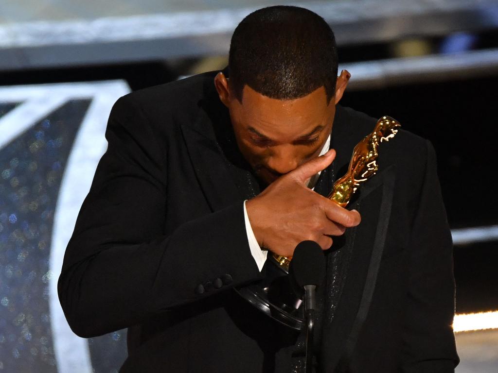 Will Smith accepts the award for Best Actor in a Leading Role for King Richard. Picture: AFP.