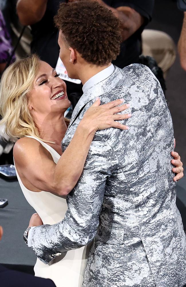 Dyson Daniels hugs his mother after being drafted to the NBA. Picture: Getty Images