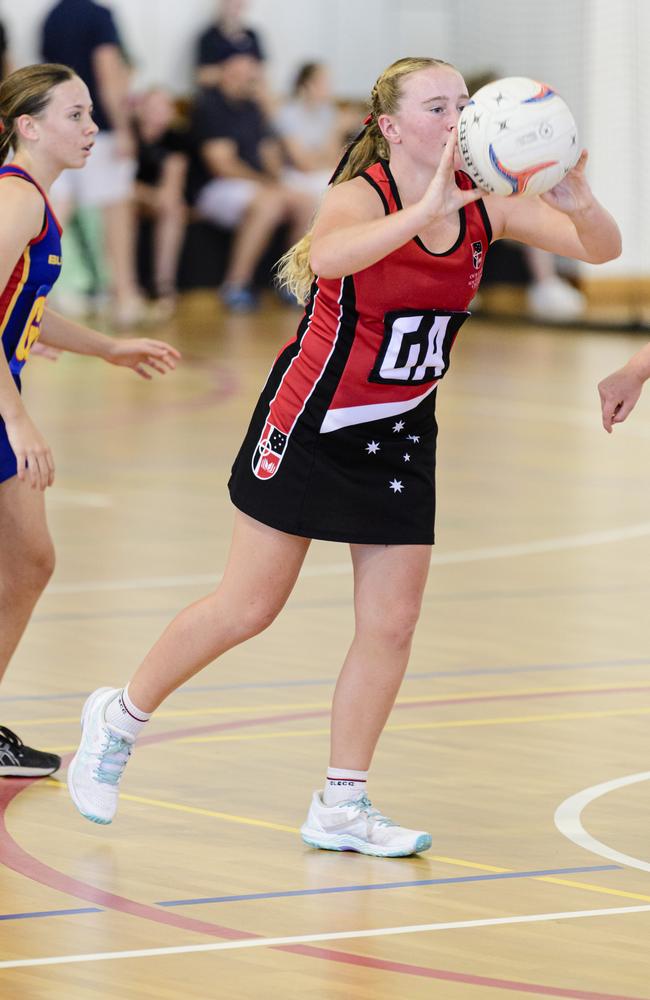 Lainey Geiger of Our Lady of the Southern Cross College, Dalby in the Laura Geitz Cup netball carnival at The Glennie School, Sunday, March 16, 2025. Picture: Kevin Farmer