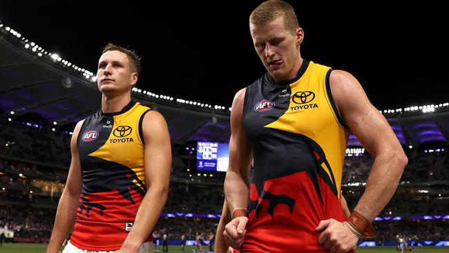 Crows captain Jordan Dawson (left) and ruckman Reilly O'Brien show their disappointment after the Round 3 loss to Fremantle. Picture: Paul Kane/Getty Images