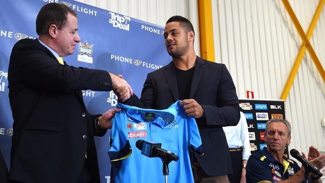 Former Parramatta Eels NRL player Jarryd Hayne (right) and Titans CEO Graham Annesley speaks to the media at a press conference on the Gold Coast. Picture: AAP