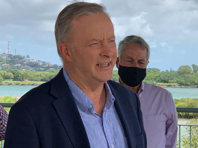 Opposition Leader Anthony Albanese in Mackay, with Mackay Mayor Greg Williamson behind, speaking at a press conference next to the Pioneer River. Picture: Janessa Ekert