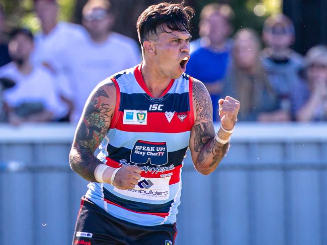 Allen Christensen celebrates a goal for Lauderdale in round one. Picture: Linda Higginson