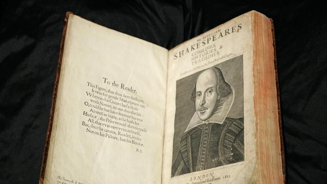 A 17th century calf-bound 1623 copy of the First Folio edition of William Shakespeare's plays.