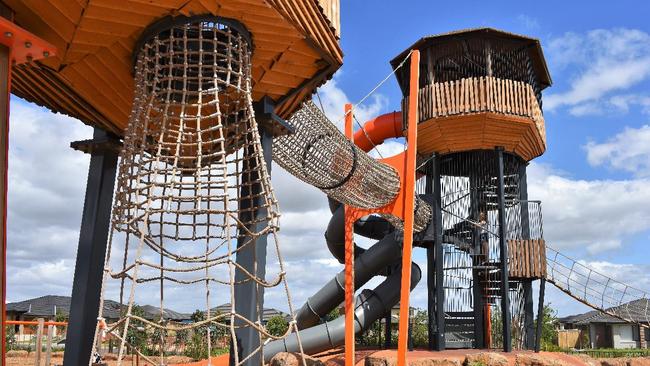 Frontier Park has multiple play areas including rope bridges, slides, towers, sand pits used by many families. Picture: Melton City Council