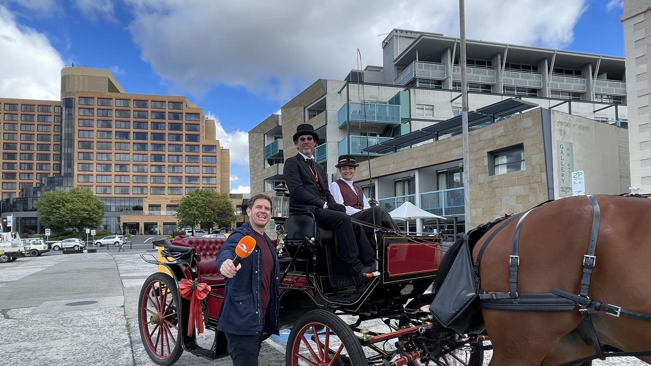 Sunrise presenter Sam Mac with the team from Hobart Heritage Horse Drawn Carriages. Picture: Genevieve Holding