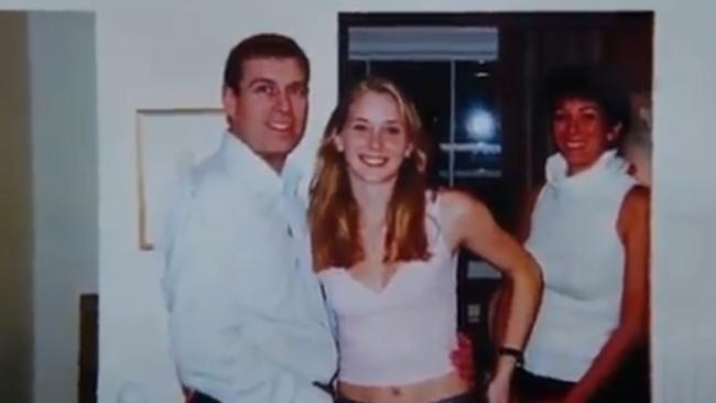 Prince Andrew, Virginia Roberts Giuffre and Ghislaine Maxwell inside Ghislaine’s London Mews home. Picture: Screengrab / Channel 9 / 60 Minutes