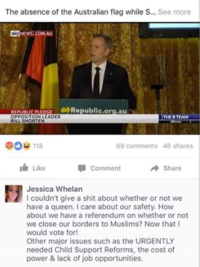 Comments about Muslim immigration allegedly made by Liberal candidate Jessica Whelan on Facebook. 