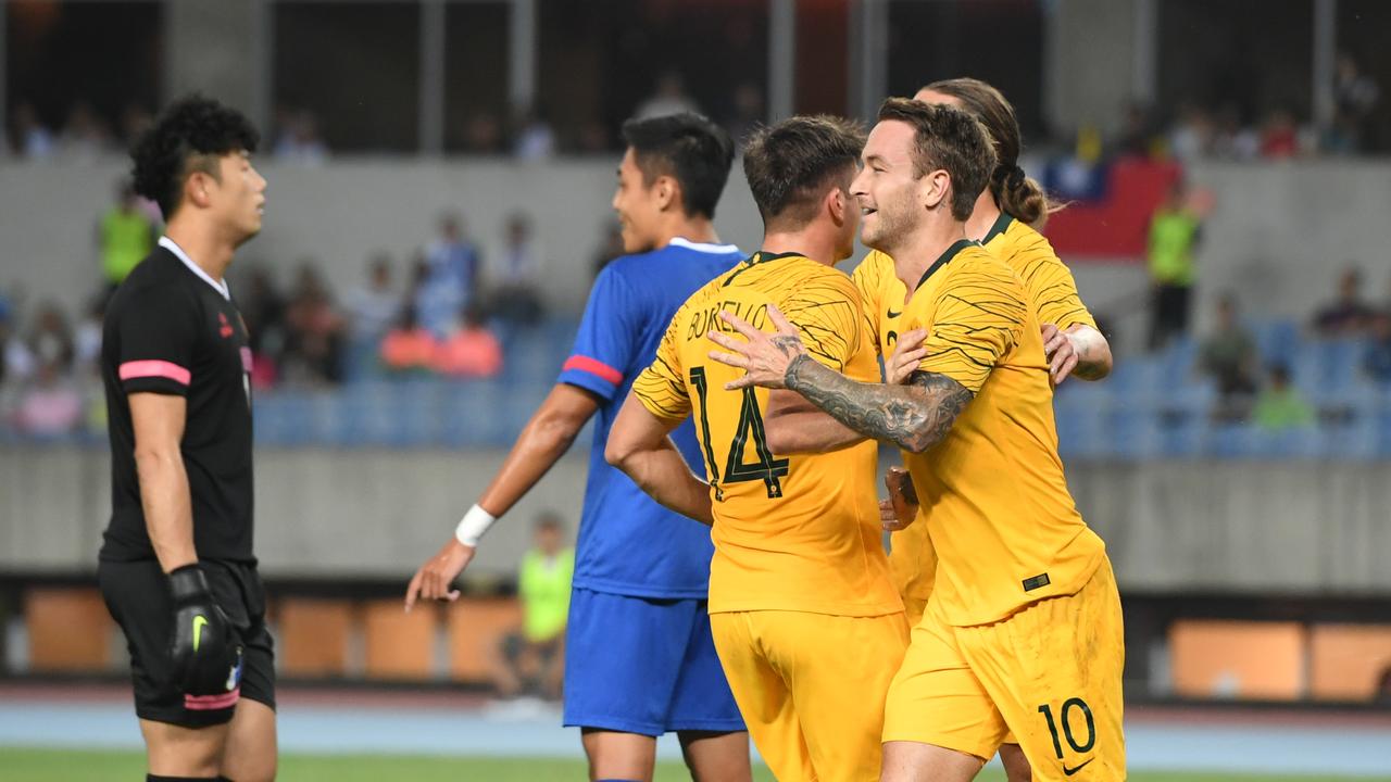 Adam Taggart (10) of Australia scored a double against Chinese Taipei. (Photo by Gene Wang/Getty Images)