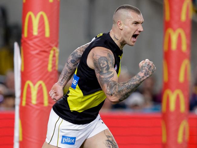 BRISBANE, AUSTRALIA - SEPTEMBER 01: Dustin Martin of the Tigers celebrates a goal during the 2022 AFL Second Elimination Final match between the Brisbane Lions and the Richmond Tigers at The Gabba on September 1, 2022 in Brisbane, Australia. (Photo by Russell Freeman/AFL Photos via Getty Images)