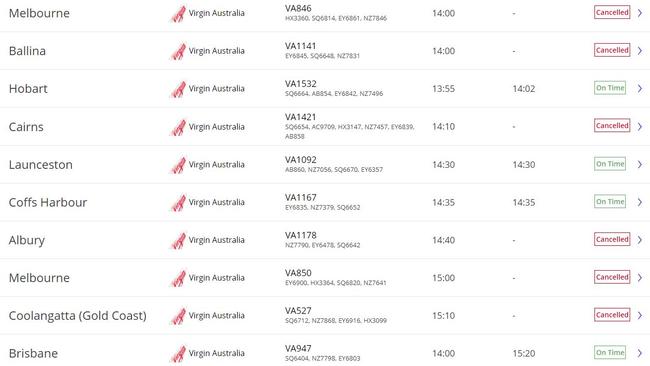 Just a small selection of Virgin Australia's cancellations from Sydney Airport. Qantas and Jetstar are in a similar predicament.