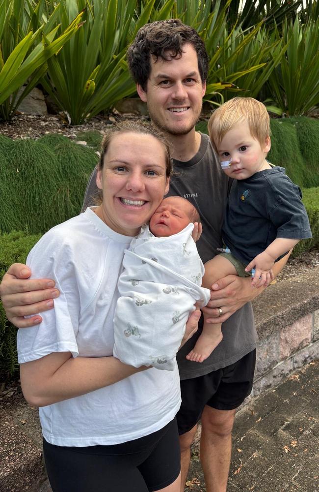 Luke and Claudia Pfoeffer with newborn Franklin and Flynn at Queensland Children's Hospital in Brisbane. Picture: Supplied