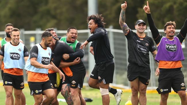 Joey Leilua (green singlet) was all smiles at training on Tuesday, next to his brother Luciano and teammates Benji Marshall and Russell Packer. Picture: Phil Hillyard