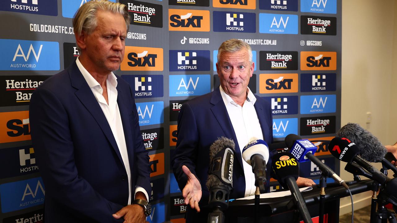 Suns chairman Bob East and chief executive Mark Evans front the media on Tuesday. Picture: Chris Hyde/Getty Images