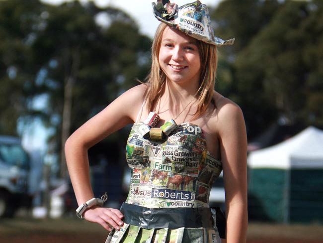 Annerlie Wilton in her Ag Art Wear dress made completely of Tasmanian Country Newspapers.