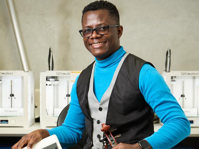 Doctor, inventor and concert violinist, Chidozie Ã¢â¬ËElvisÃ¢â¬â¢ Chidi-Ezeama from Flinders University in Tonsley, ahead of being named international student of the year, Friday, Sept. 30, 2022. Picture: MATT LOXTON