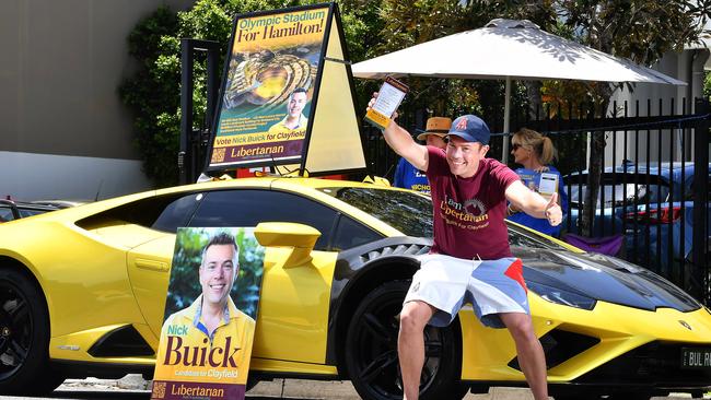 Nick Buick campaigns in Clayfield as the Libertarian candidate. Picture: John Gass