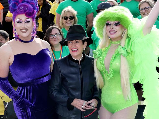 Sydney Lord Mayor Clover Moore pictured with drag queens on the steps of the Sydney Opera House - her council put forward a successful motion to promote drag queen story time. Picture: Damian Shaw.