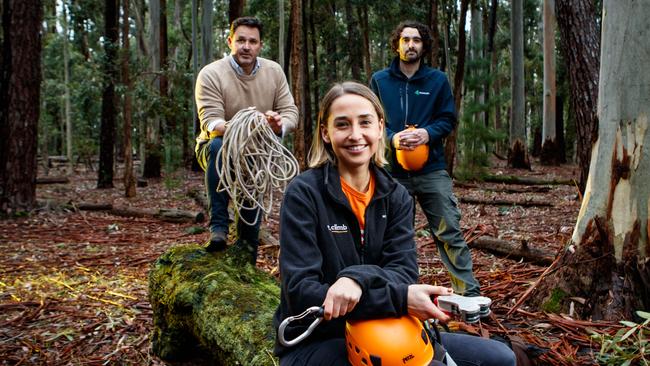 Seb and Maisie Packer from TreeClimb with Lennan Whiting from ForestrySA, in Kuitpo Forest. Picture: Matt Turner.