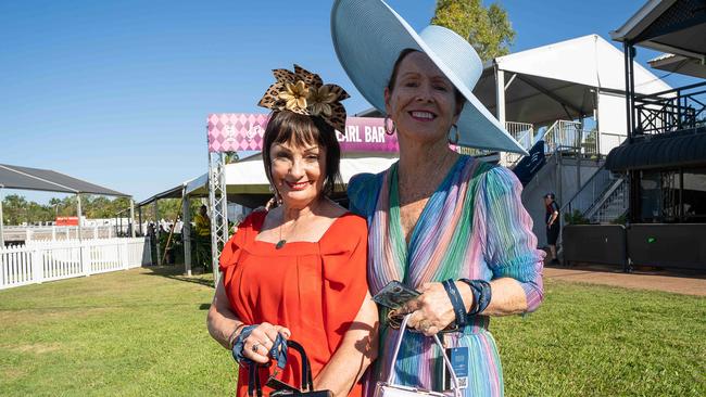Robyne Jhowry and Cher Wakefield at the 2023 Darwin Cup Carnival Ladies Day. Picture: Pema Tamang Pakhrin