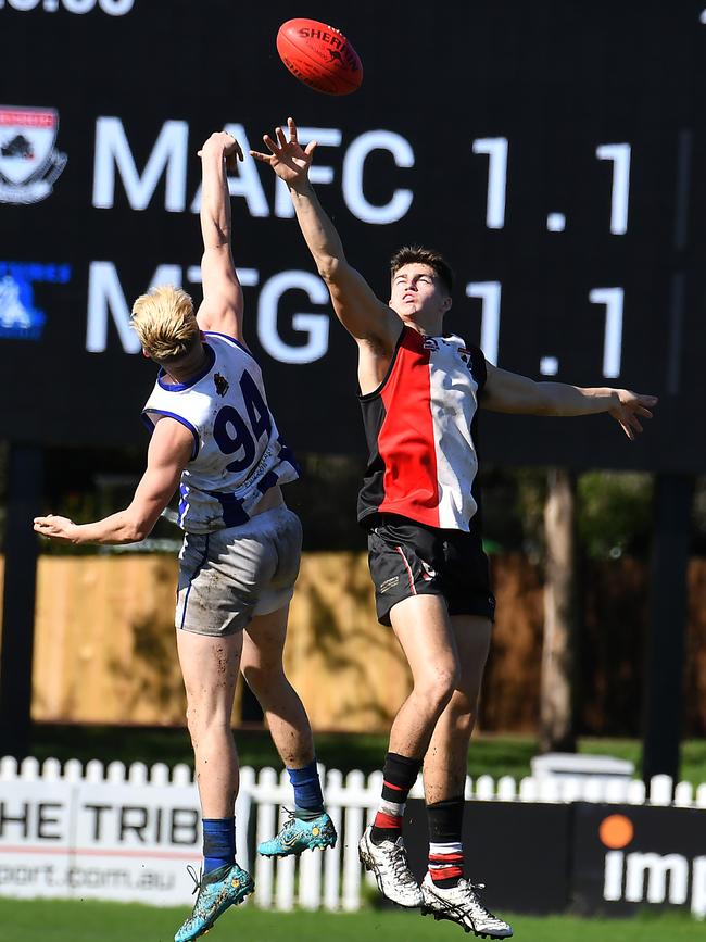 Mt Gravatt ruckman Merrick Baker Colts QAFL Australioan football match between Morningside and Mt Gravatt at Jack Esplen Oval Saturday May 28, 2022. Picture, John Gass