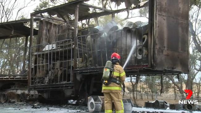 A man died after a firey three truck crash near the South Australian border at Serviceton, Picture: Channel 7