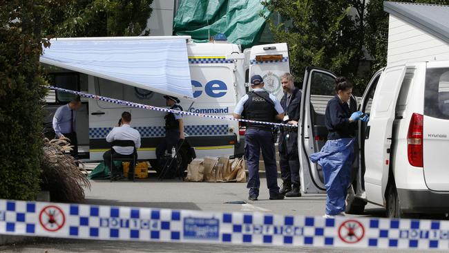 Police and forensic officers at the scene of the fatal stabbing in Mayfield. Picture: AAP