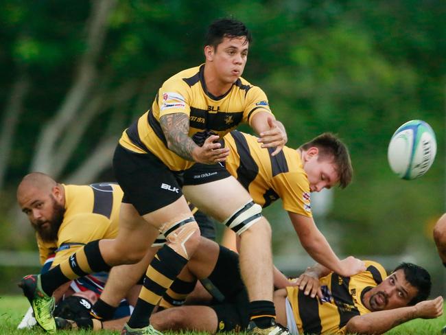                         <s1>Nigel Maher gets the ball away for Darwin Dragons against the Palmerston Crocs at Marrara</s1>                        <source>. Picture: </source>Glenn Campbell