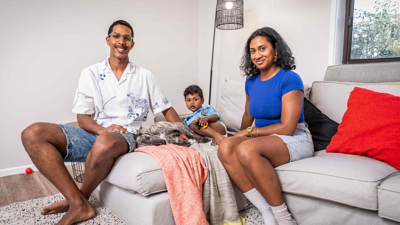 Norman Vellien and Melodie Naidoo, with their son Matteo, 2.5 years old, and dog Mia, in their new home in Pakenham, one of Victoria’s booming birth locations. Picture: Jake Nowakowski.