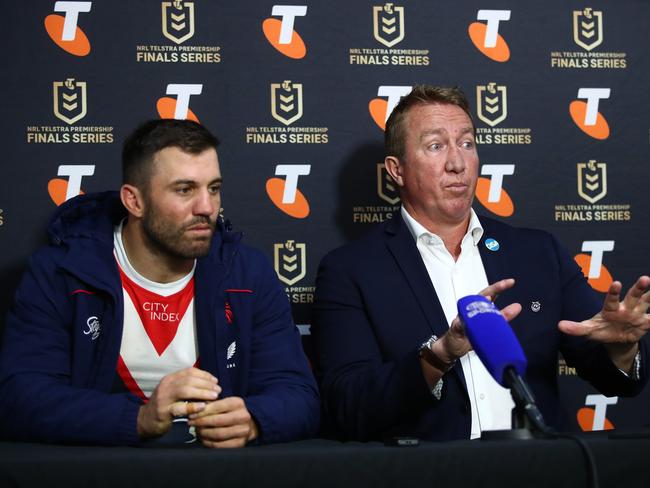 Trent Robinson and James Tedesco talk to the media after their NRL semi-final loss. Credit: NRL Images.