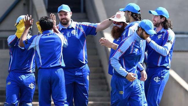 Ivanhoe players celebrate a wicket.