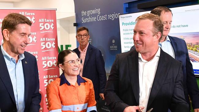 Then-Deputy Premier Cameron Dick and then-Premier Steven Miles officially open a new information and engagement centre for the Sunshine Coast Direct Rail. Picture: Patrick Woods.