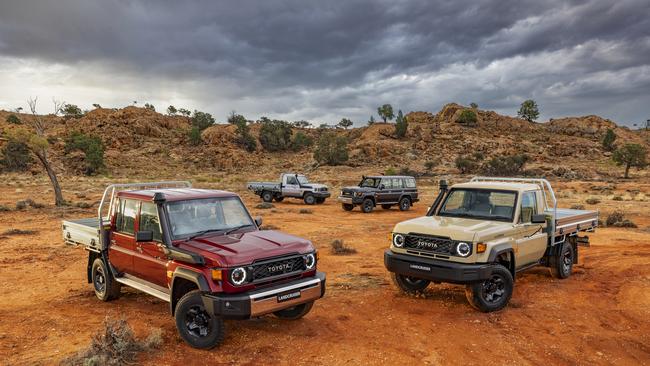 2024 Toyota LandCruiser 70 Series (L-R) GXL Double Cab Chassis, WorkMate Single Cab Chassis, GXL Wagon and GX Single Cab Chassis.