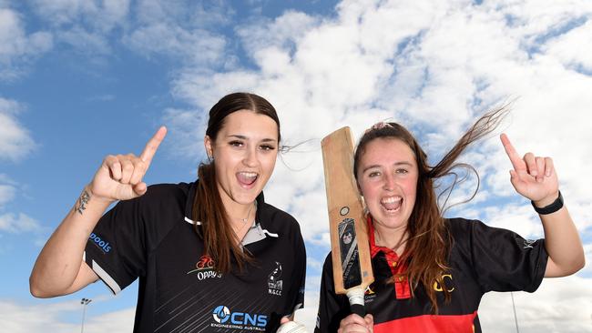 Jordyn Stewart with St Josephs player Caitlin Burnett before the women’s A Grade grand final in 2022/23. Picture: David Smith.