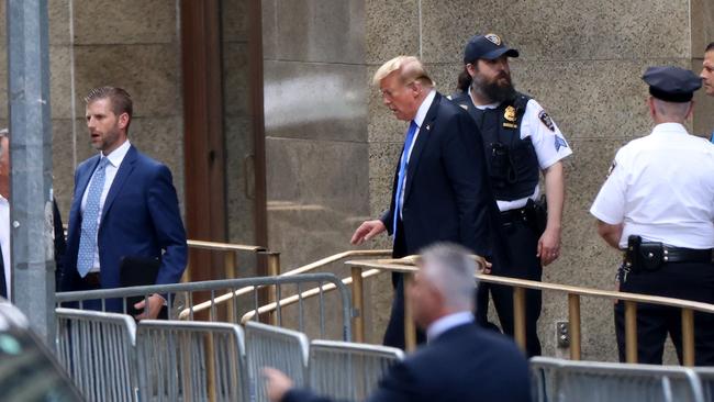 Former US President and Republican presidential candidate Donald Trump leaves Manhattan Criminal Court after he was convicted in his criminal trial in New York City.