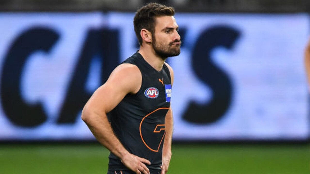 PERTH, AUSTRALIA - SEPTEMBER 03: Stephen Coniglio of the Giants looks dejected after a loss during the 2021 AFL Second Semi Final match between the Geelong Cats and the GWS Giants at Optus Stadium on September 3, 2021 in Perth, Australia. (Photo by Daniel Carson/AFL Photos via Getty Images)
