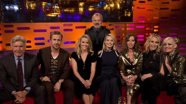 Host Graham Norton with (seated left to right) Harrison Ford, Ryan Gosling, Reese Witherspoon, Margot Robbie, Keren Woodward, Sara Dallin and Siobhan Fahey of Bananarama during filming of the Graham Norton Show at the London Studios, to be aired on BBC One on Friday evening.