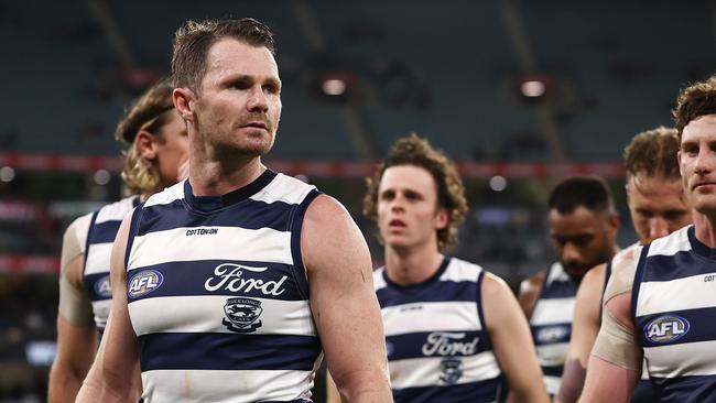 Skipper Patrick Dangerfield leads his team off the MCG after losing to Carlton. Picture: Michael Klein