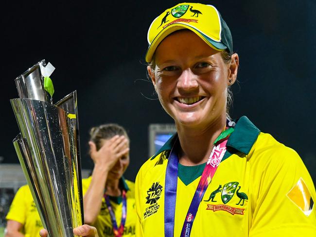 Meg Lanning poses with the trophy after winning the ICC Women’s World T20 final. Picture: AFP Photo 