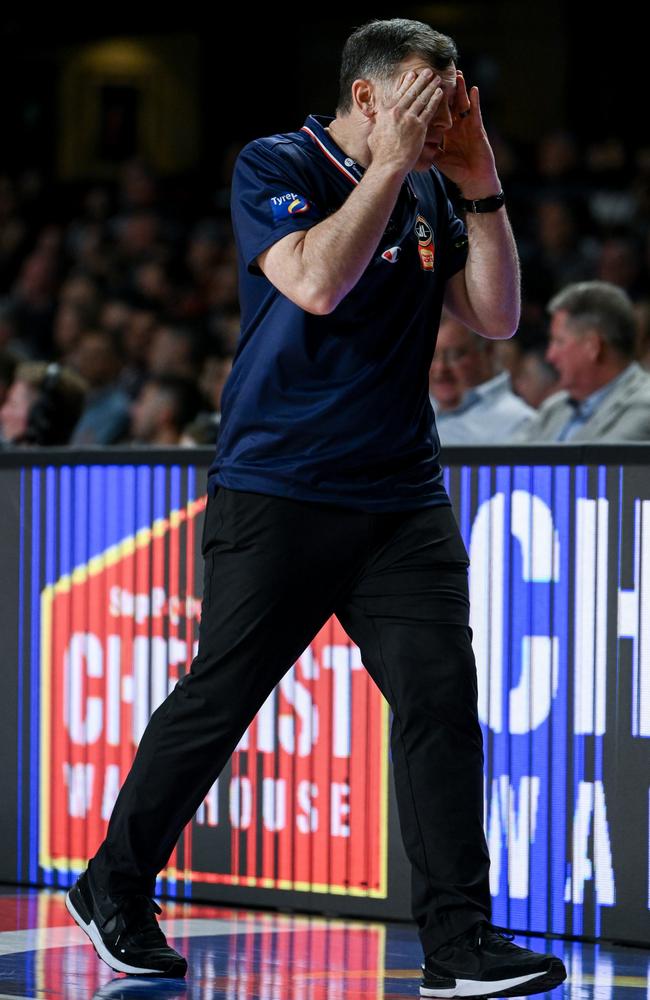 Coach Mike Wells reacts during the 36ers’ disastrous defeat. Picture: Getty