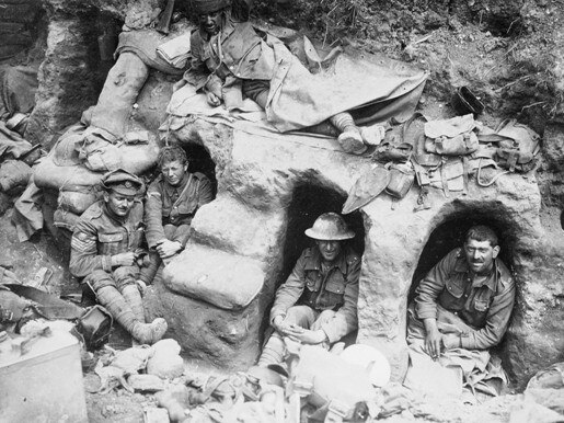 WEEKEND TELEGRAPHS ANZAC SPECIAL.,  Men of the 15th Battalion Australian Imperial Force in dugouts at Gallipoli. At right is believed to be Pte John Thomas Carroll, 15th Bn, d. August 8, 1915. A railway porter in Cairns, having grown up in Cooktown. He was also an accomplished musician. Supplied by DENNIS QUICK Anzac Day, Australian Army, soldiers, trench warfare, war photography, World War 1, WWI, Gallipoli, Far North Queensland soldiers.