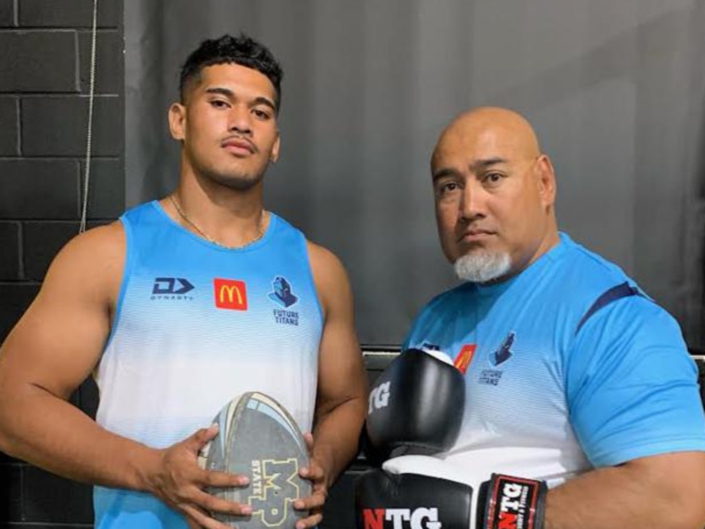 Alex Leapai Jnr with his famed father Alex Snr. Picture: NRL Imagery