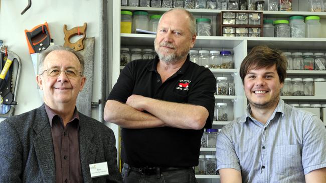 Bill Tibben (centre) with volunteers Peter Walker and Chris Smith at Granville Men’s Shed in 2012.